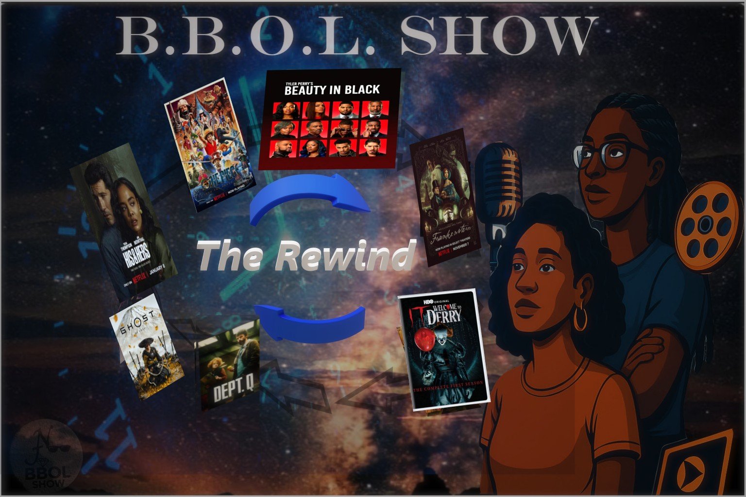 B.B.O.L. Show The Rewind poster featuring movie posters and illustrated podcast hosts.